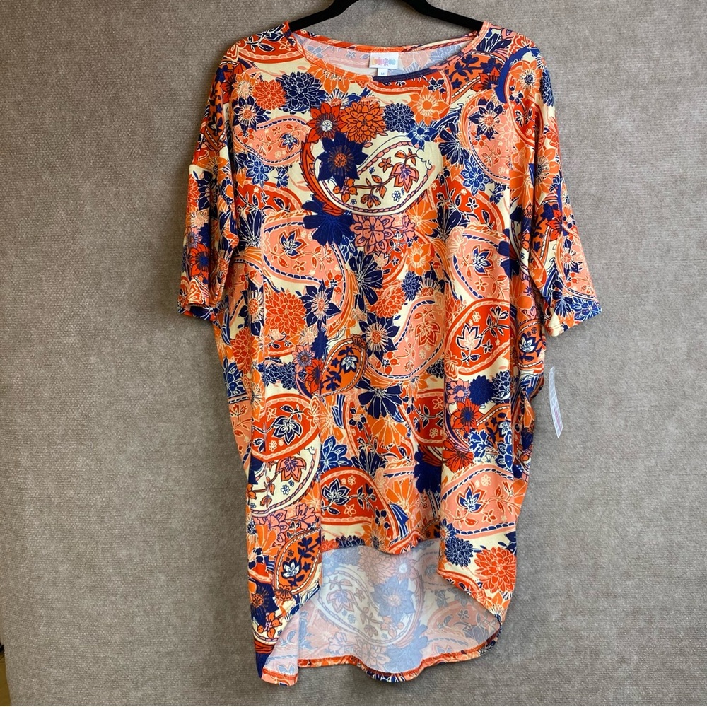 LULAROE Irma Shirt Size Medium Beige Orange Blue Floral.